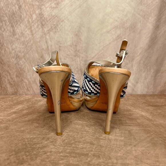 Coach Steffi Heels Pumps Slingback Woven Open Toe Sandals Silver Metallic Blue - Picture 7 of 14